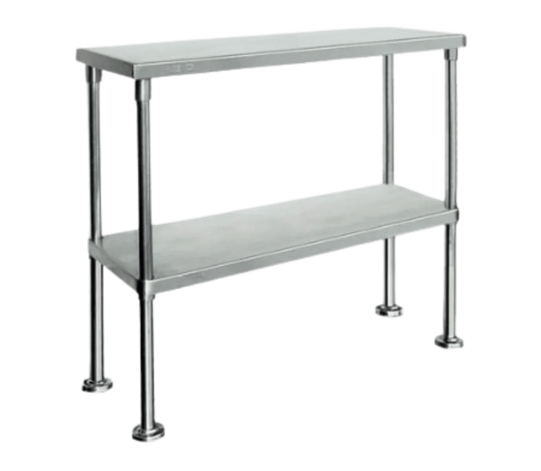 Double tier over shelf made from heavy duty stainless steel to add vertical storage to your kitchen work bench.