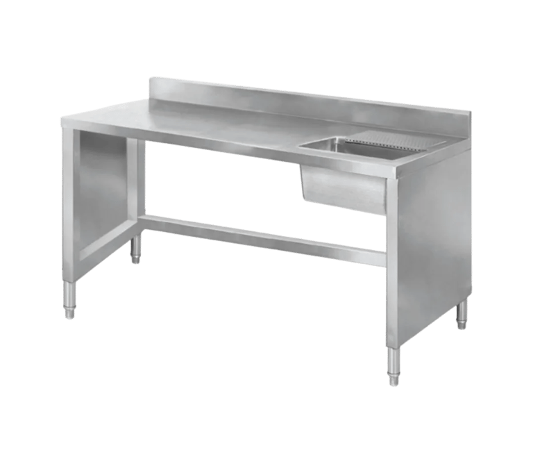 Industrial bench made from heavy duty stainless steel with a built-in sink, splashback, and open base for equipment storage.
