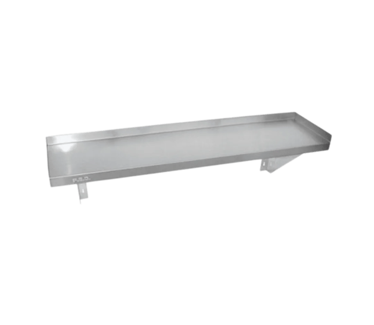 Sturdy wall shelf made from heavy duty stainless steel with reinforced brackets for professional kitchen storage.
