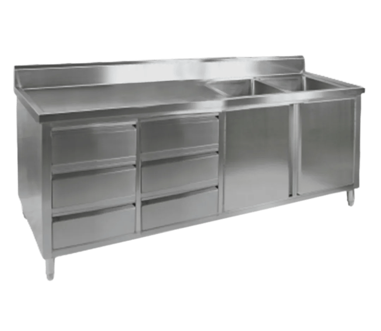 Stainless steel kitchen tidy cabinet with sink, drawers, and doors.