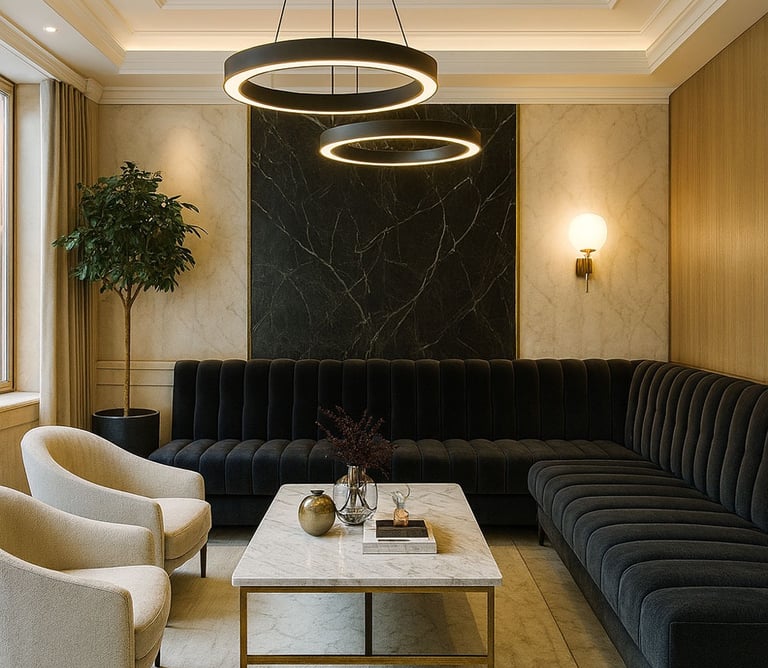 Luxurious black velvet banquette with tufted back, crafted by Solo Home Décor for a refined lounge setting in Los Angeles.