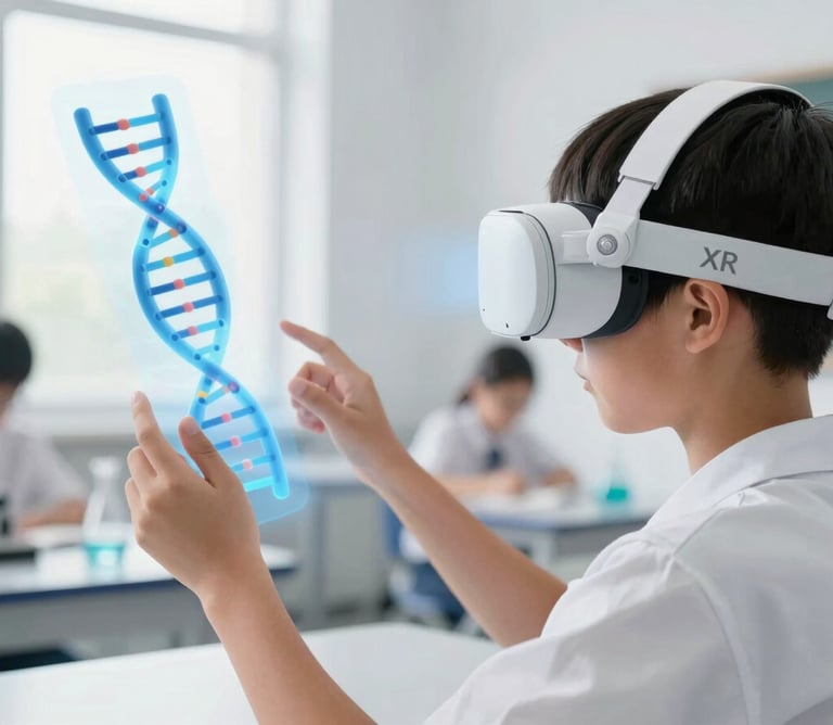 Over-the-shoulder shot of a student wearing a modern white XR headset, interacting with a glowing blue holographic DNA strand floating in a bright, clean, sunlit science classroom. Clean editorial photography, 35mm lens, sharp focus.