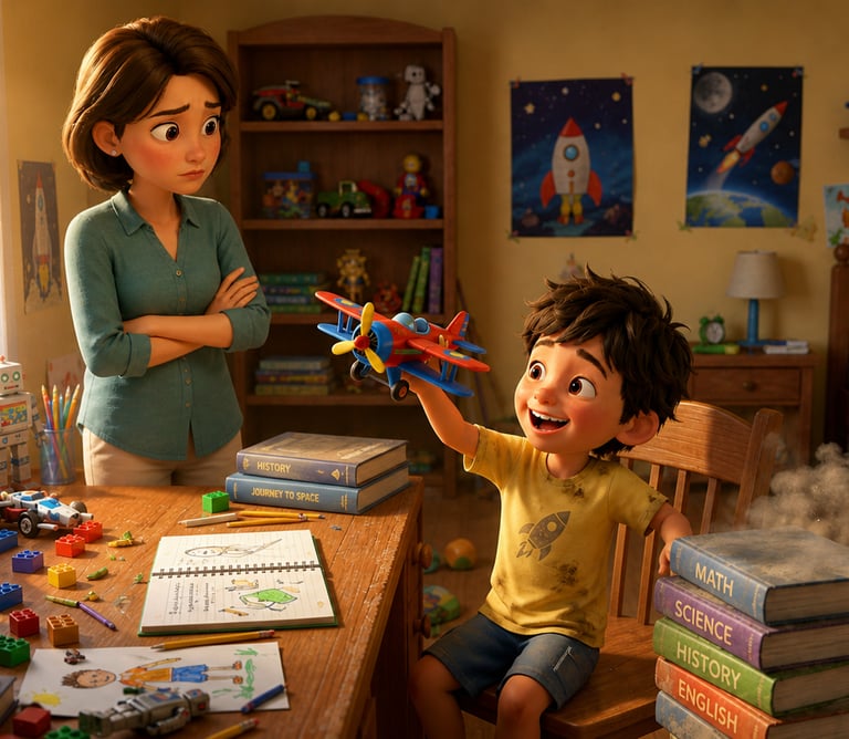 Animated boy playing with a toy plane in a messy bedroom while his mother watches.