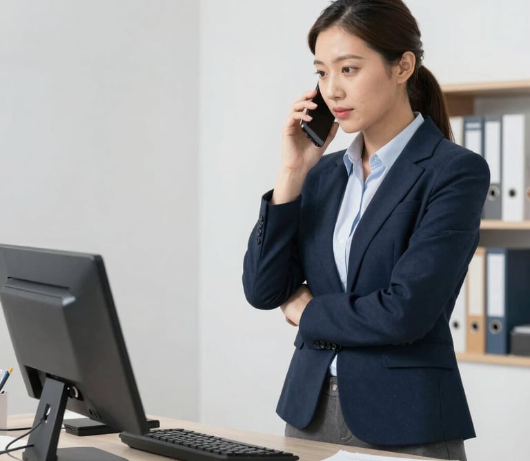 A friendly customer service representative answering a call with a headset in a bright office.