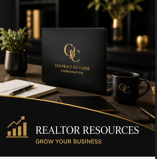Professional realtor resources for real estate contract to close coordination with branded laptop and coffee mug.