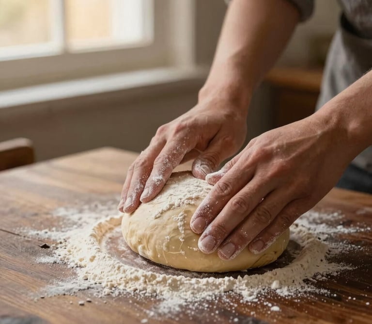 Warm editorial shot of hands gently dusting flour over a soft, rising yeast dough on a dark wooden counter, soft side lighting, shallow depth of field.