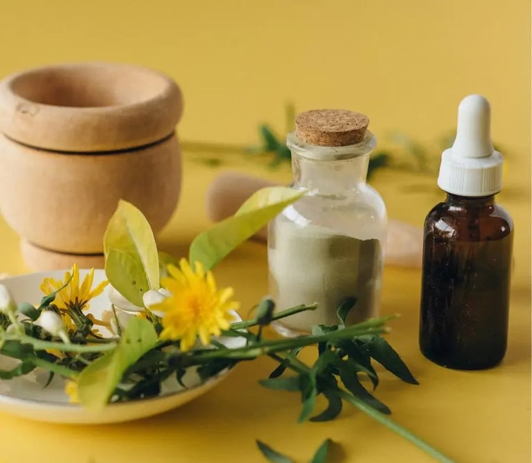 homoeopathic remedy in a bottle next to a flowers