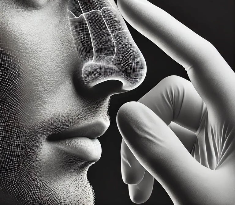 Man's nose being marked by gloved hands, preparing for cosmetic procedure.