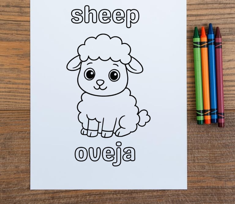 a coloring book page with a sheep with words in English and Spanish