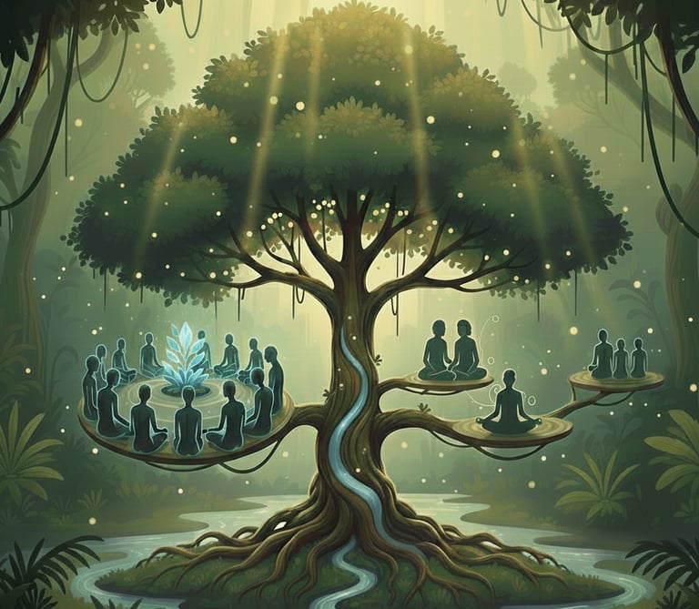 Ilustração de rituais de Ayahuasca em grupo, casal, individuais e pequenos grupos na floresta.
