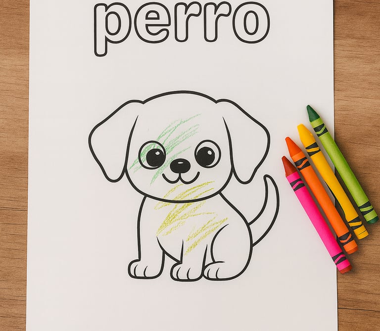 a dog coloring page in Spanish that has been partially colored with crayons