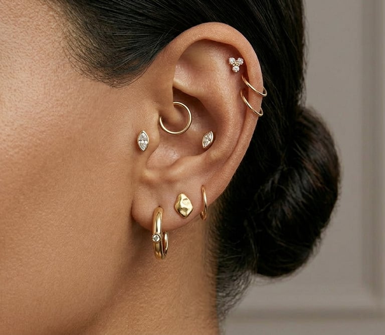 אוזן מעוצבת עם שילוב עגילי חישוק מזהב, יהלומים ופירסינג הליקס בסגנון יוקרתי