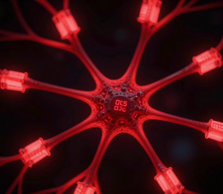 High-contrast macro view of a neural network with glowing red data packets, dark cybernetic photography, deep shadows, 35mm