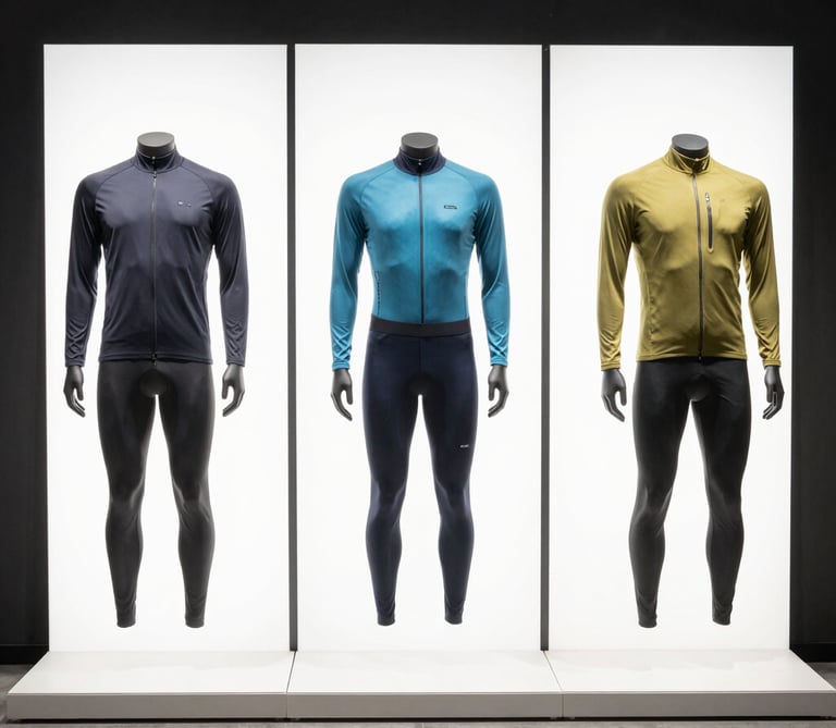 Cyclist wearing premium black and red cycling apparel riding through a scenic mountain trail.