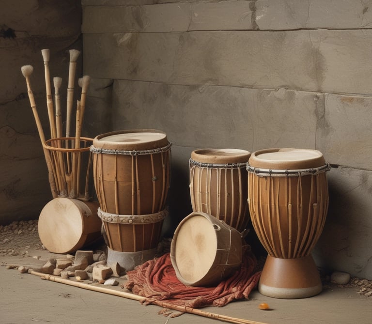 A set of bronze Viking horns displayed on rustic wooden shelves.