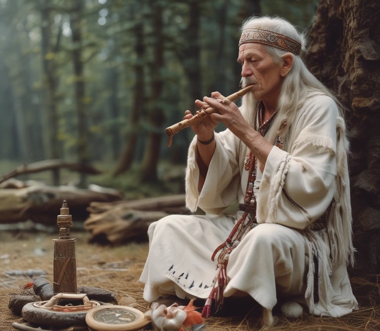 A traditional shamanic flute resting on a bed of moss and stones.