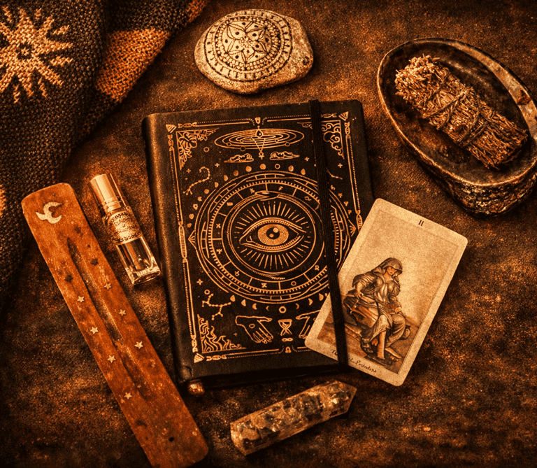 Vista cenital de objetos místicos que incluyen una carta del tarot, un cuaderno celestial...