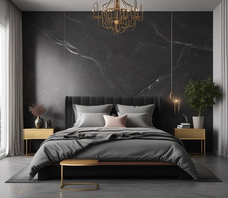 Stylish bedroom with a sleek bed frame in white and red accents.