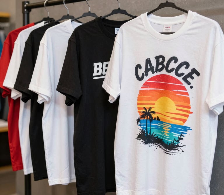 Colorful custom-printed t-shirts hanging on a rack, showcasing unique logos and messages.