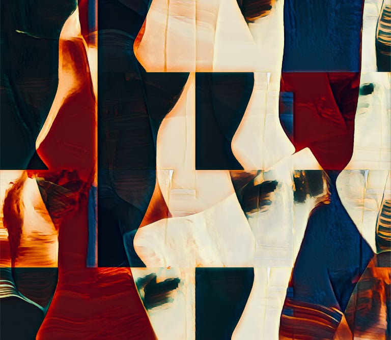 Artwork called Pieces by Fermionne with shards of information in beige, gold and blue tones. 