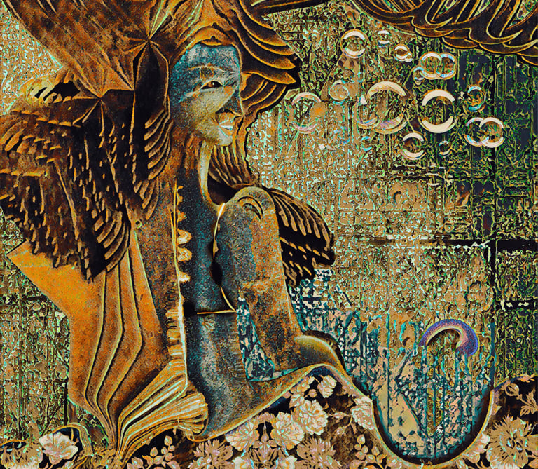 Artwork called Goldfish by Fermionne with golden mermaid traversing through an ocean of information.