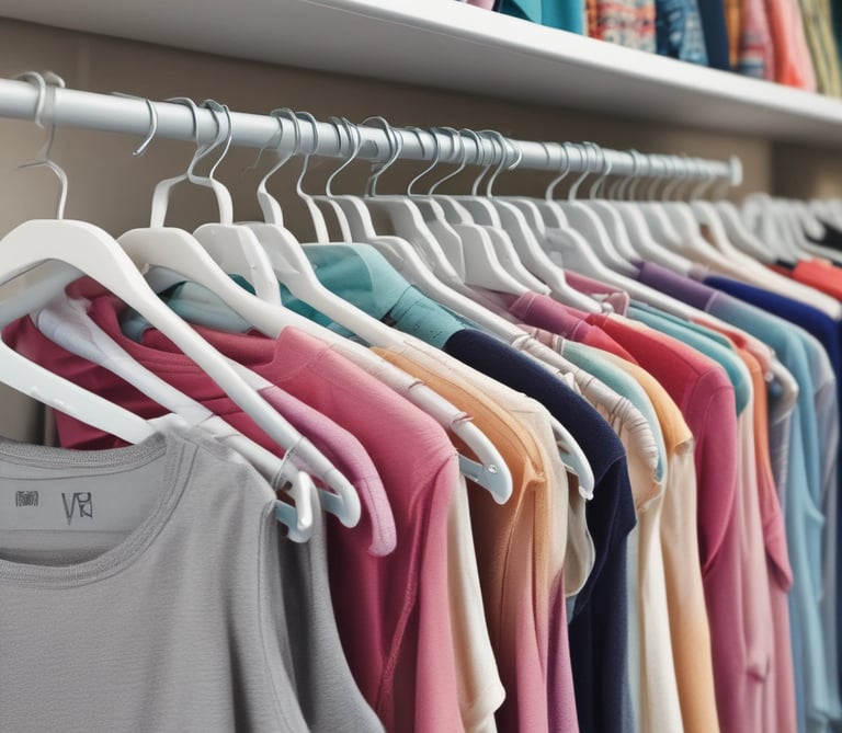 Close-up of a soft fabric shirt with integrated bra support on a hanger.