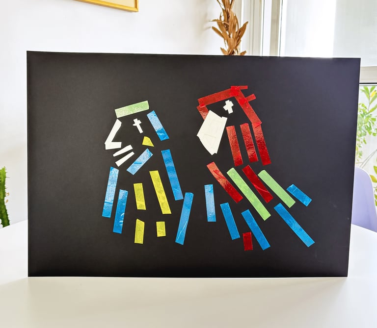 Imagem da obra de arte araras, o desenho de duas araras, uma vermelha e outra azul sobre fundo preto.