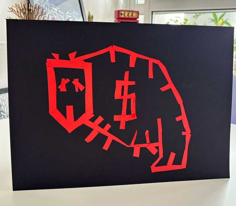 arte com fita isolante vermelha em papel preto. Desenho estilizado de um mico com um cifrão no meio.