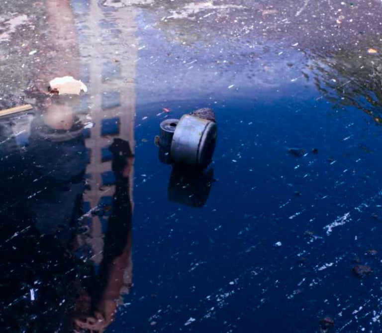 a fire hydrant sitting in the middle of a puddle
