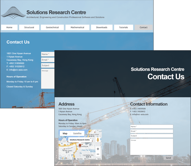 Screenshot of old and new SRC website to show new Contact Us page which still uses old moving background