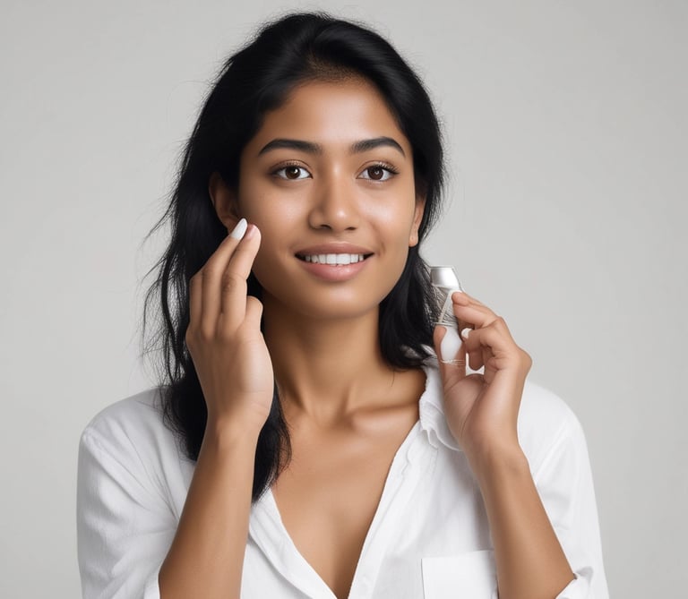 A joyful woman applying invisible sunscreen outdoors with a serene smile.