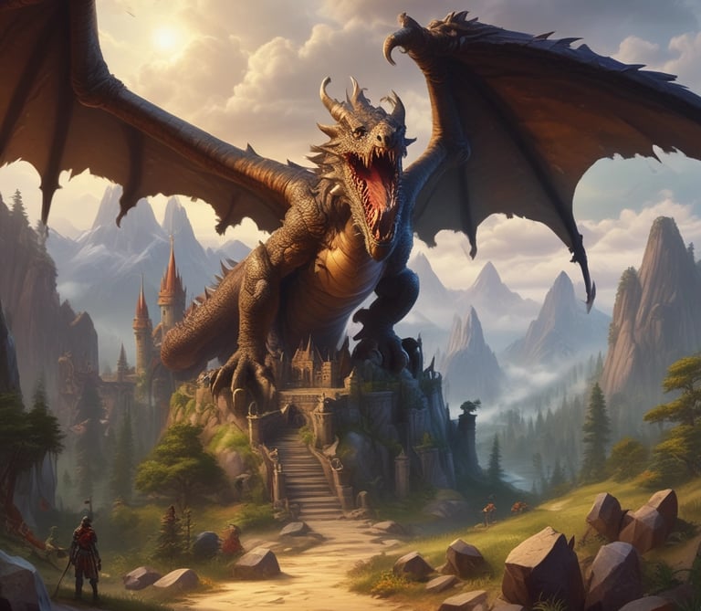 An enchanted forest scene with mystical creatures and soft light beams.