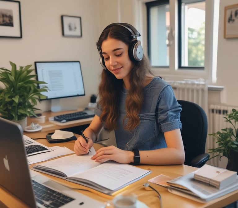 A smiling student engaged in an online French class, wearing headphones and taking notes.