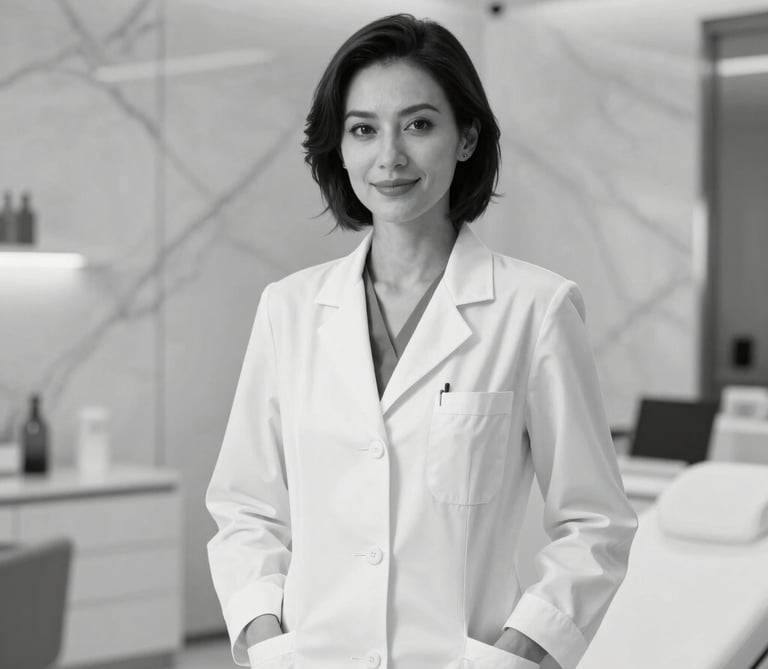 Elegant dark-themed image showing a confident aesthetic clinic professional consulting a satisfied patient.
