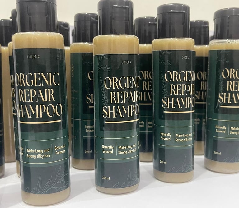 Orgena Organic Repair Shampoo bottles with botanical formula for long and strong silky hair.