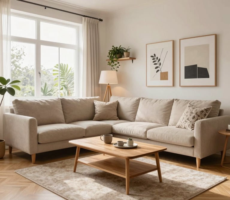 An elegant dining area featuring a polished wooden table with intricate carvings and matching chairs.