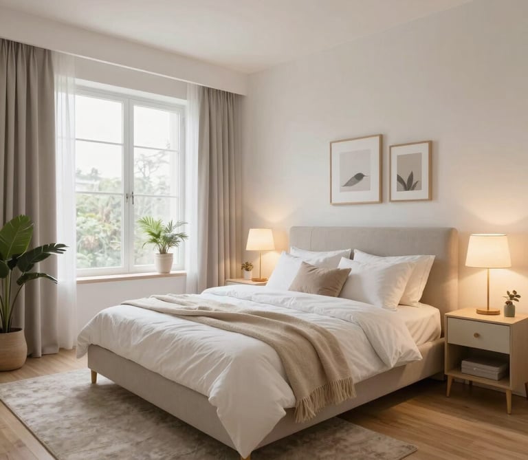 A luxurious bedroom setup with a grand canopy bed draped in rich fabrics and soft lighting.