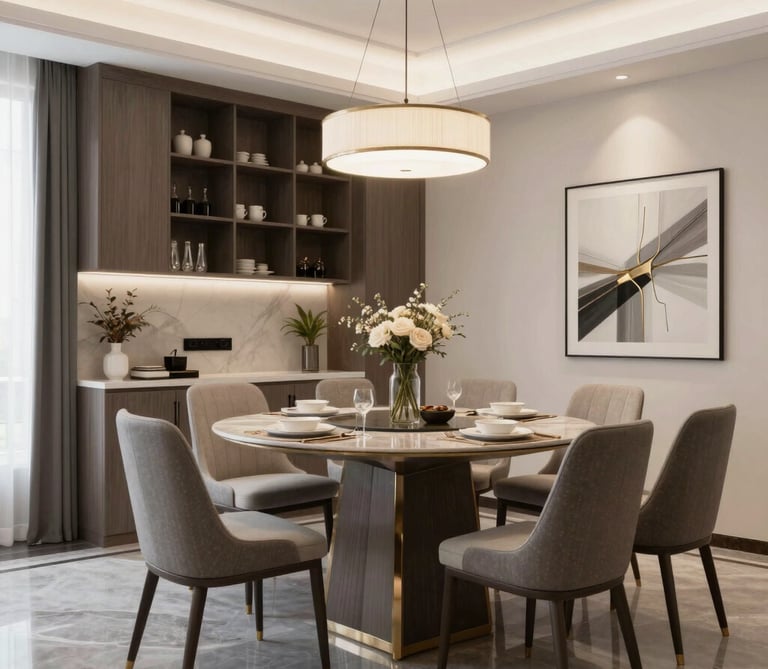An elegant dining area featuring a polished wooden table with intricate carvings and matching chairs.