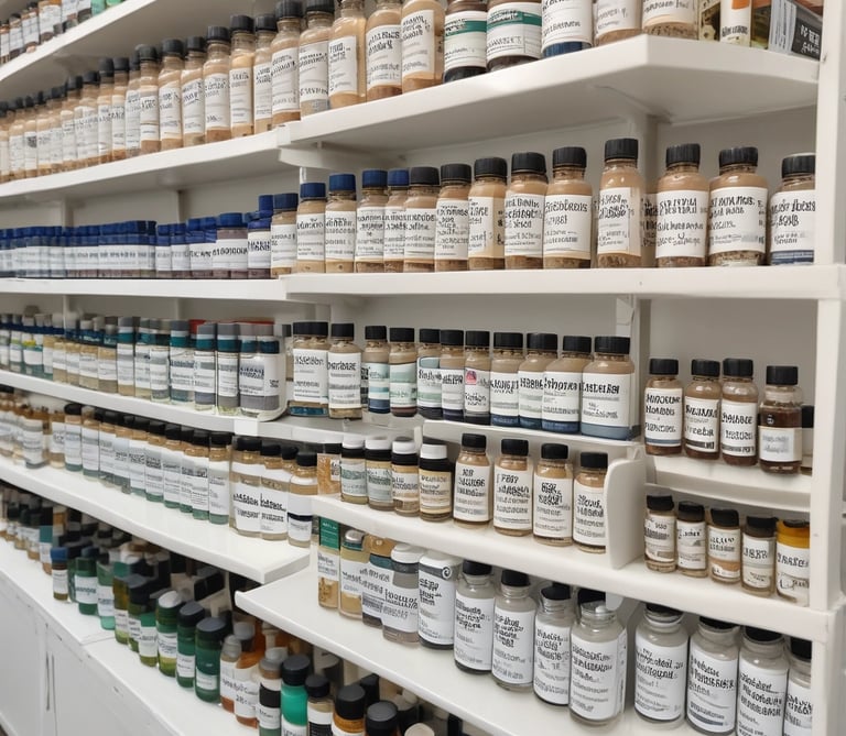 A selection of natural supplements and wellness products arranged neatly on a wooden table.