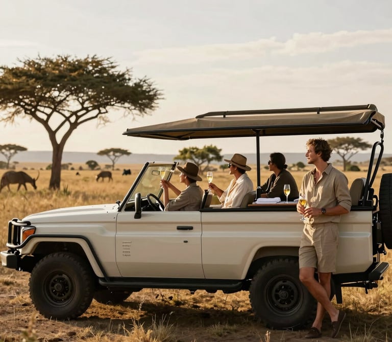 A vibrant sunset over the savannah with silhouettes of giraffes and baobab trees.