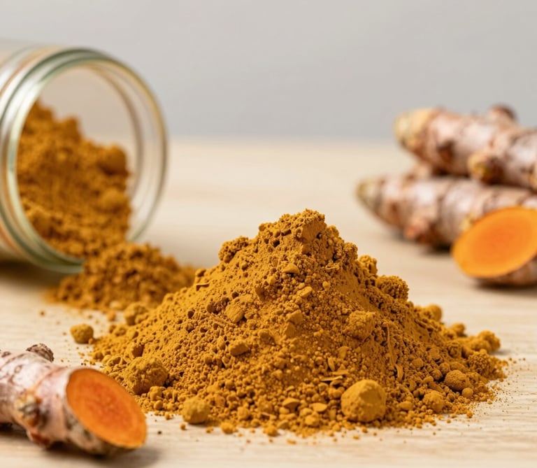 Golden turmeric powder spilling gently from a handcrafted clay bowl onto coarse linen.