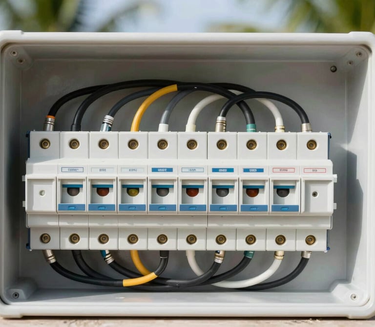 Instalación eléctrica ordenada en una caja de fusibles, cables limpios y etiquetados, luz brillante, enfoque nítido en los componentes