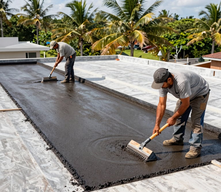 Trabajadores aplicando manto asfáltico en un techo plano, herramientas de construcción, luz natural tropical brillante, enfoque nítido en el proceso