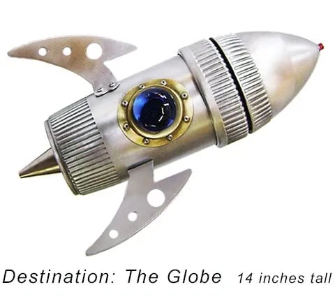 Assemblage spaceship sculpture named Destination: The Globe by artist Tal Avitzur.