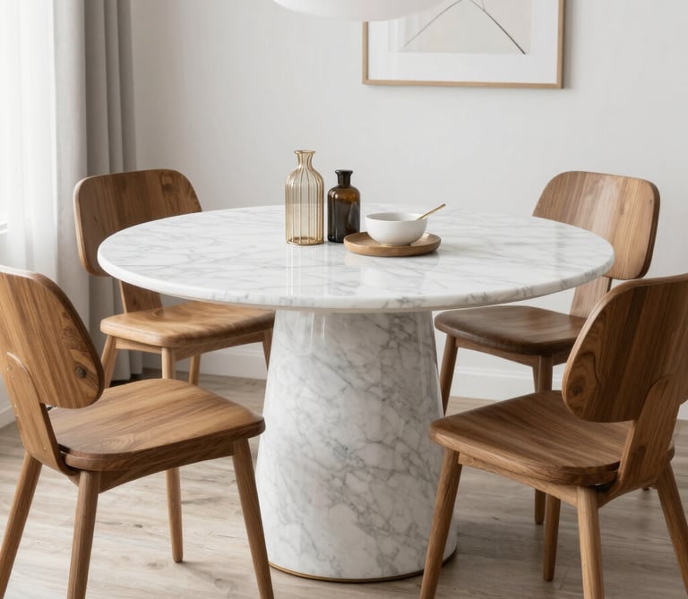 A stylish dining table arrangement with custom-made wood and metal finishes.