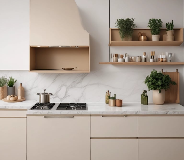 A cozy bedroom corner featuring soft beige linens and warm golden lighting.