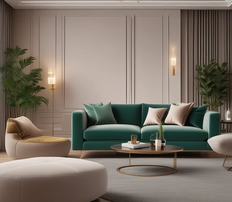 A stylish living room with muted green cushions and minimalist decor.