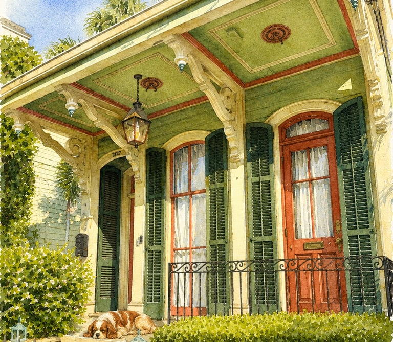 New Orleans shotgun house  a dog on the porch.