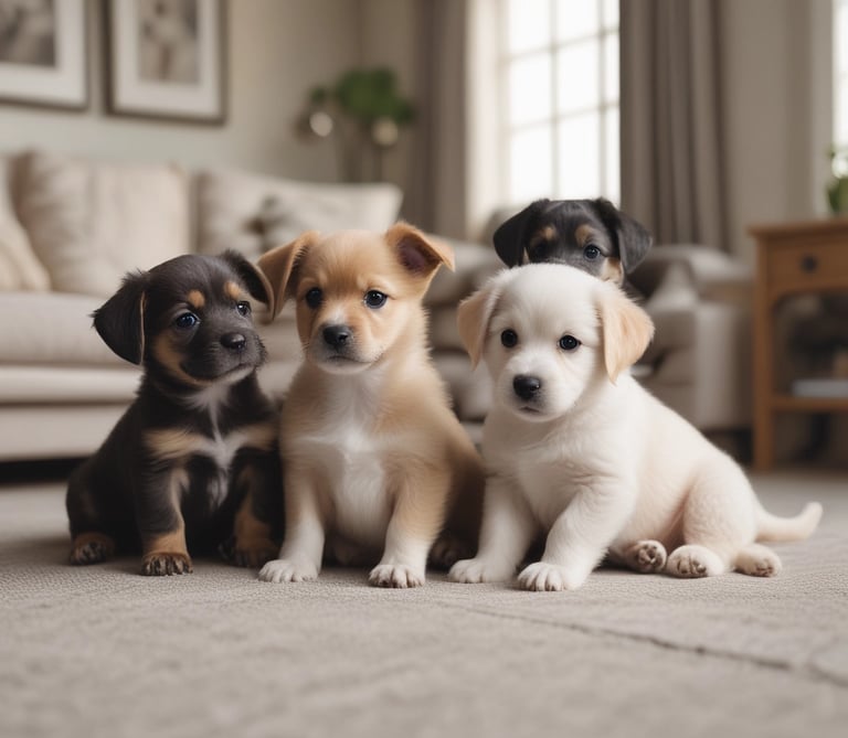 A small group of dogs playing together in a bright, open indoor daycare space.