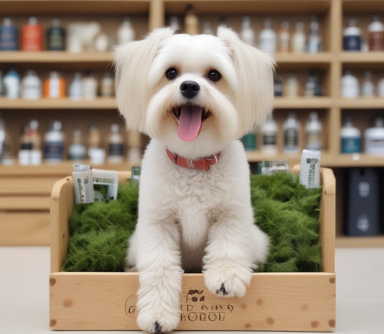 Eco-friendly dog toys and sustainable treats displayed on a clean wooden shelf.